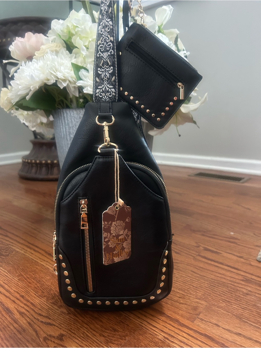 Sam & Hadley Black Faux Leather Sling Backpack Crossbody + Matching Wallet